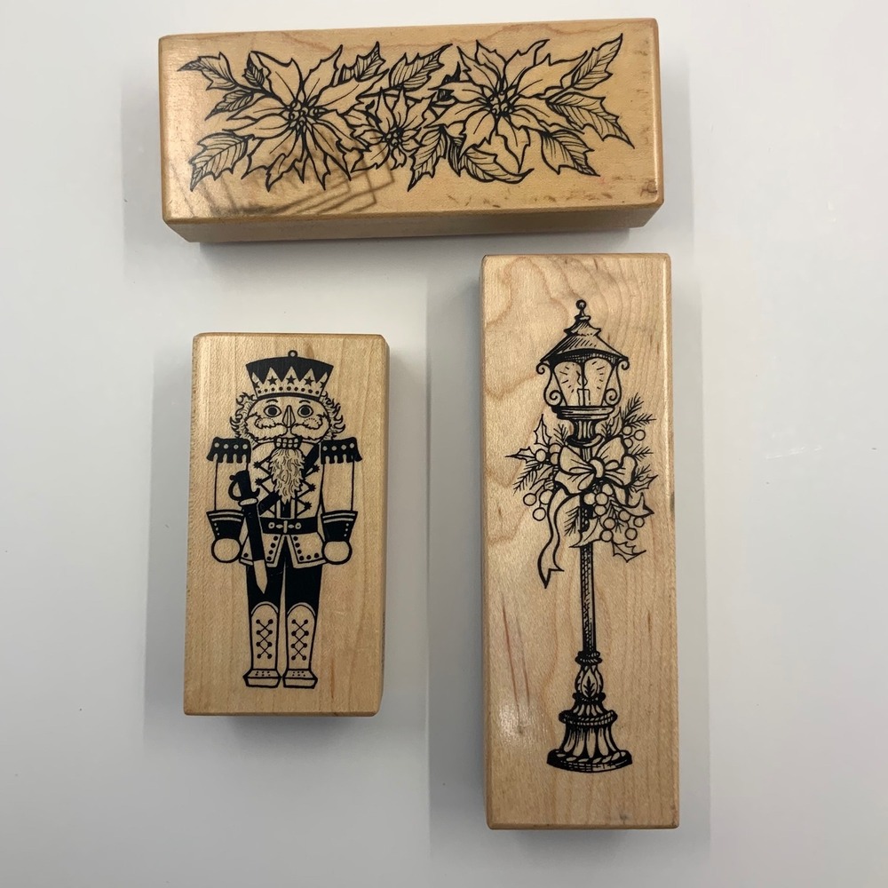 Vintage PSX Christmas Holiday Nutcracker Lamp Post Poinsettia Wood Rubber Stamps